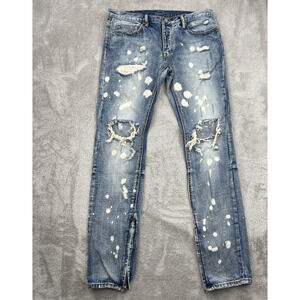 MNML Jeans Mens 34x34 Blue Skinny Distressed Ankle Zip Ripped Bleach Splatter